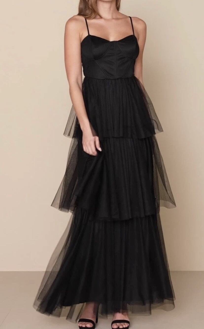 Lulus Black Tulle Tiered Maxi Dress Bustier Prom Gown XL Witchy Whimsigoth